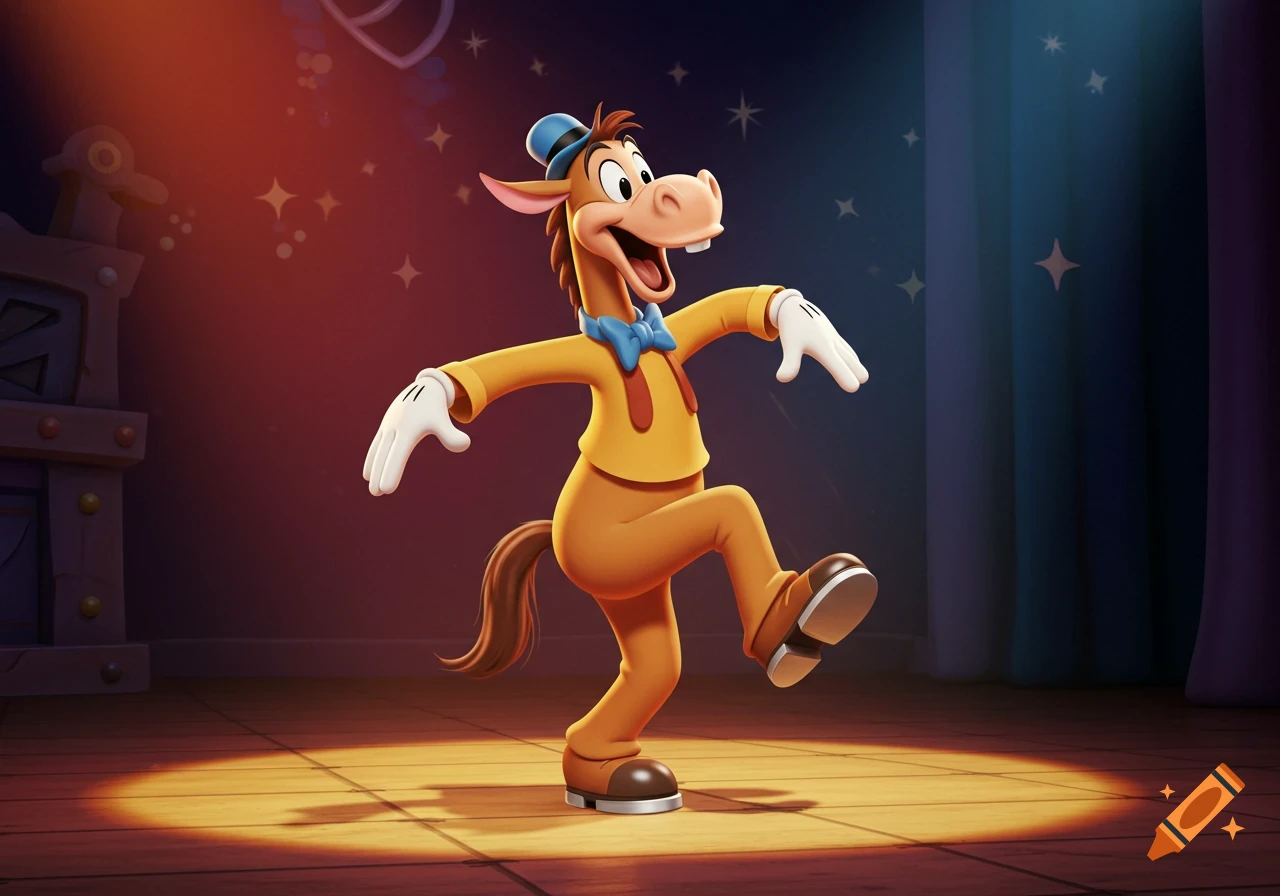 Disney cartoon character Horace Horsecollar tap dancing on a stage under a spotlight.