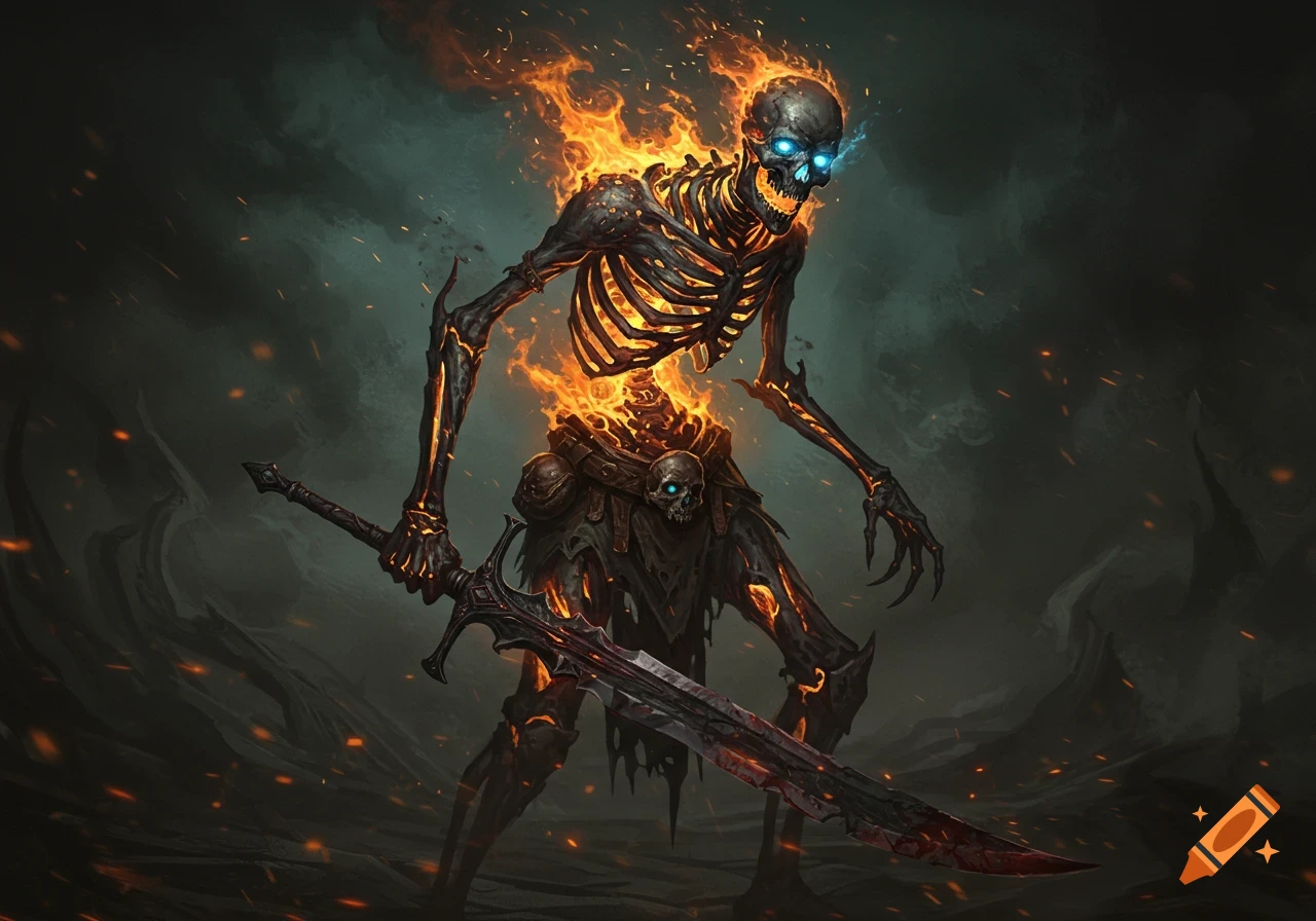 A flaming skeleton holding a bloodied sword in a dark fantasy setting.