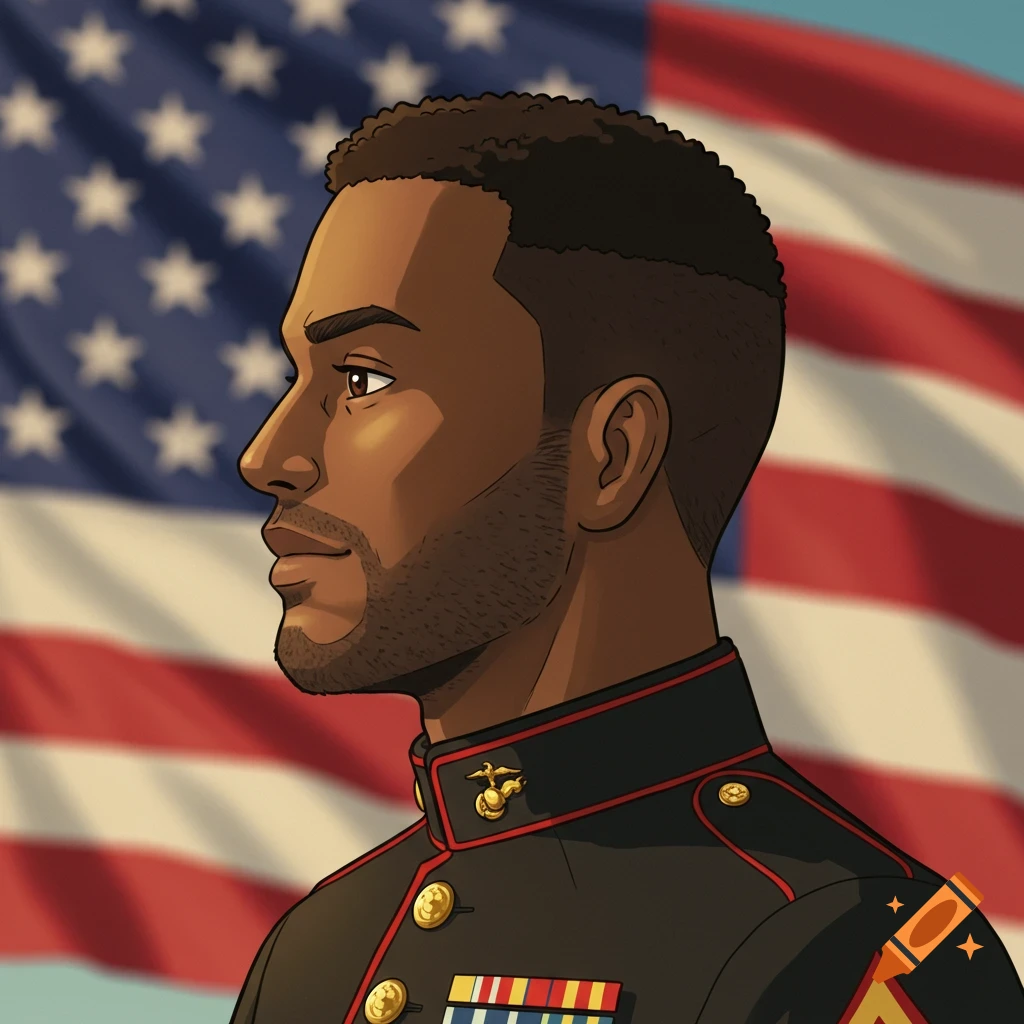 A Ghibli style illustration of a man in a US Marine Corps uniform against an American flag.