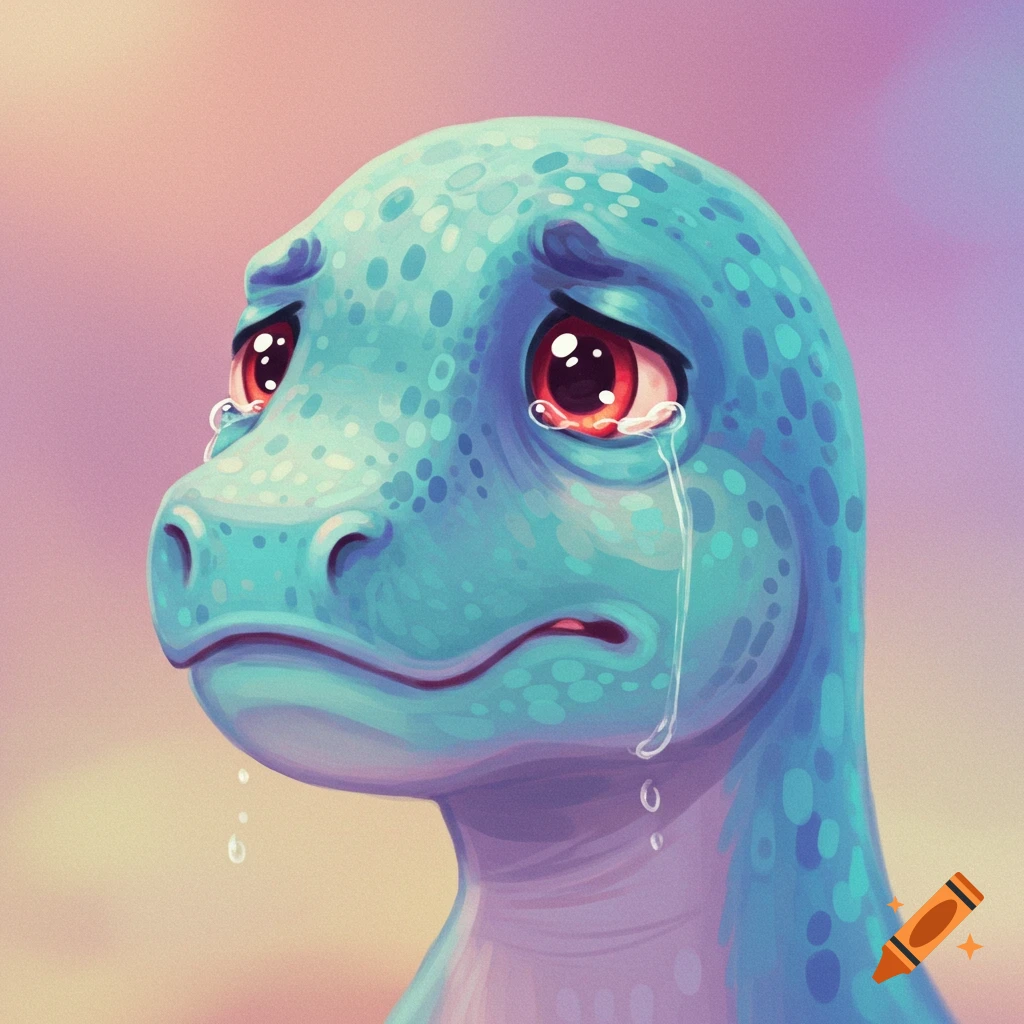 Close-up of a sad blue dinosaur-like creature crying