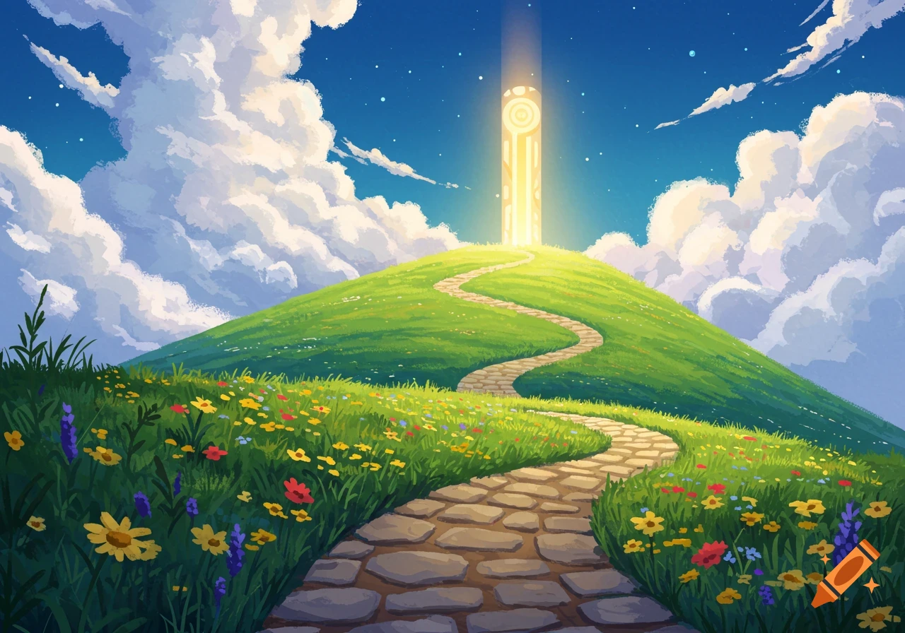 A stone path winds up a grassy hill towards a glowing beacon under a cloudy blue sky.