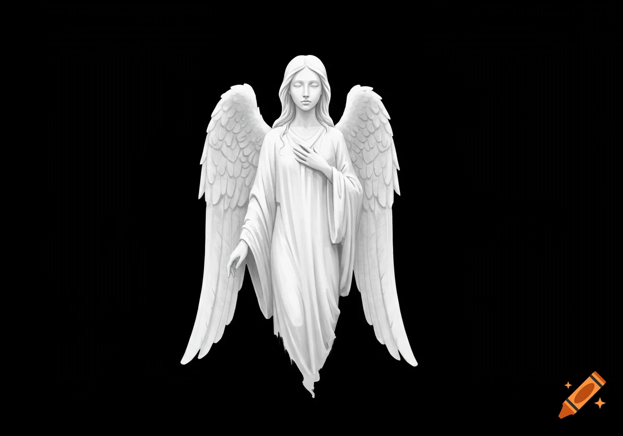 A white angel statue with large wings stands against a black background.