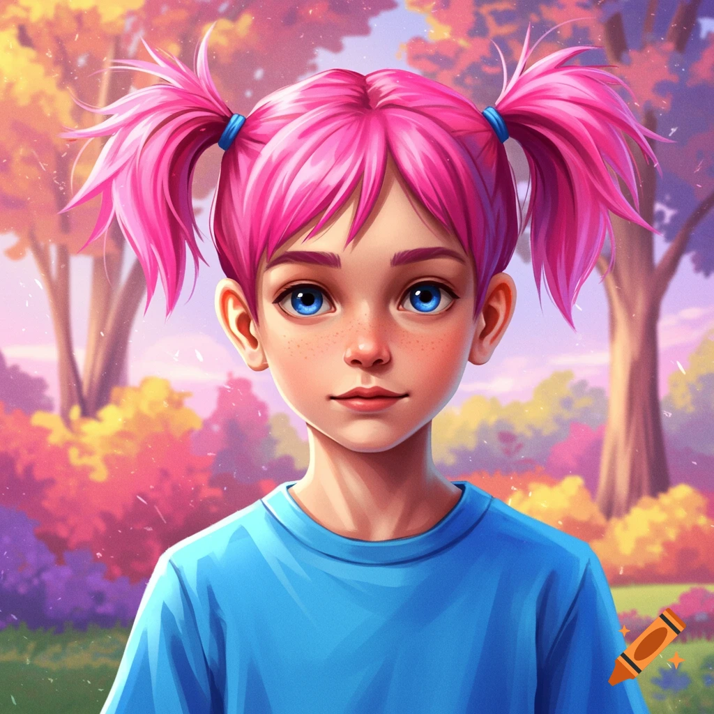 A young person with pink pigtails and blue shirt in a colorful fantasy park.