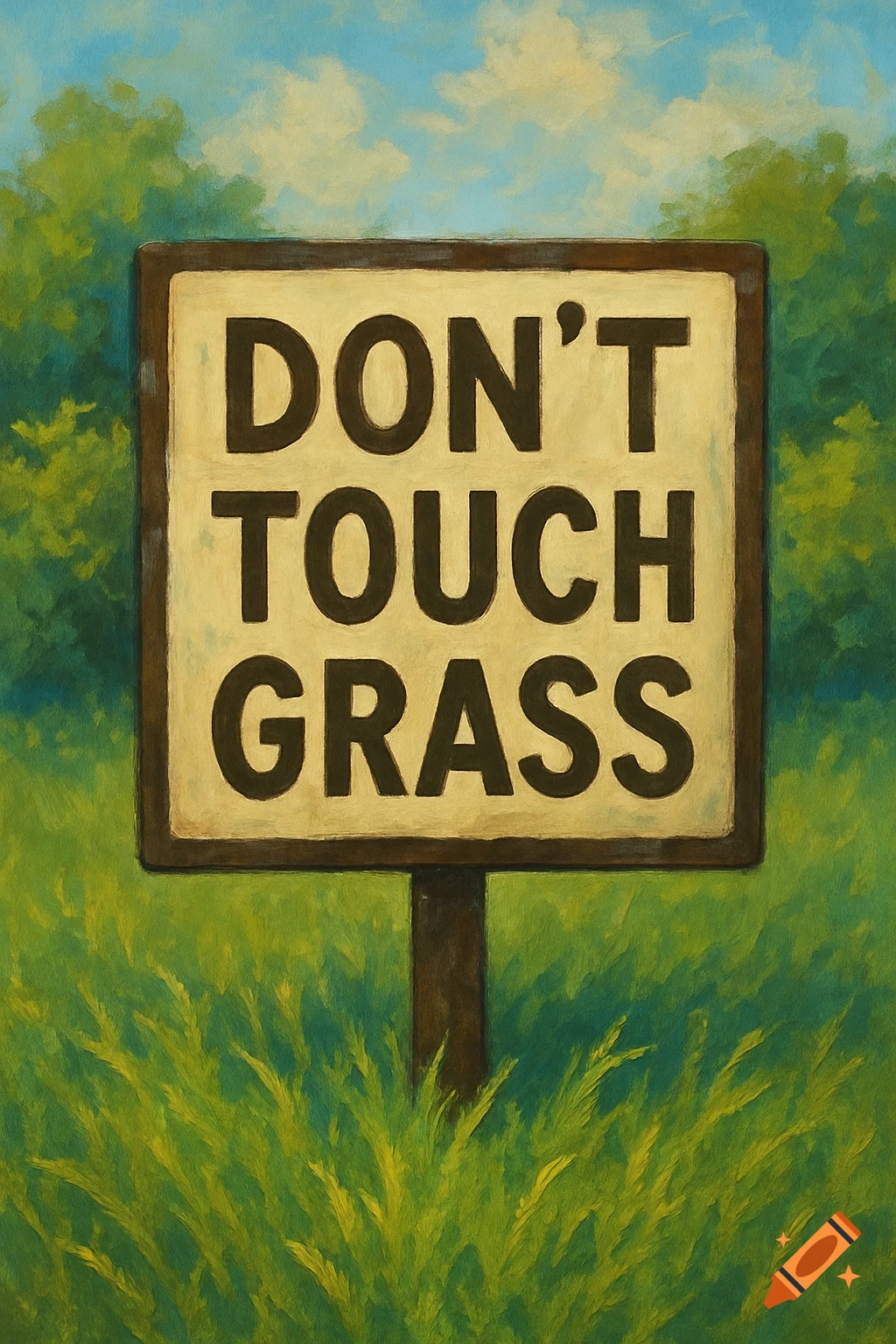A sign in a grassy field reads 'DON'T TOUCH GRASS'.