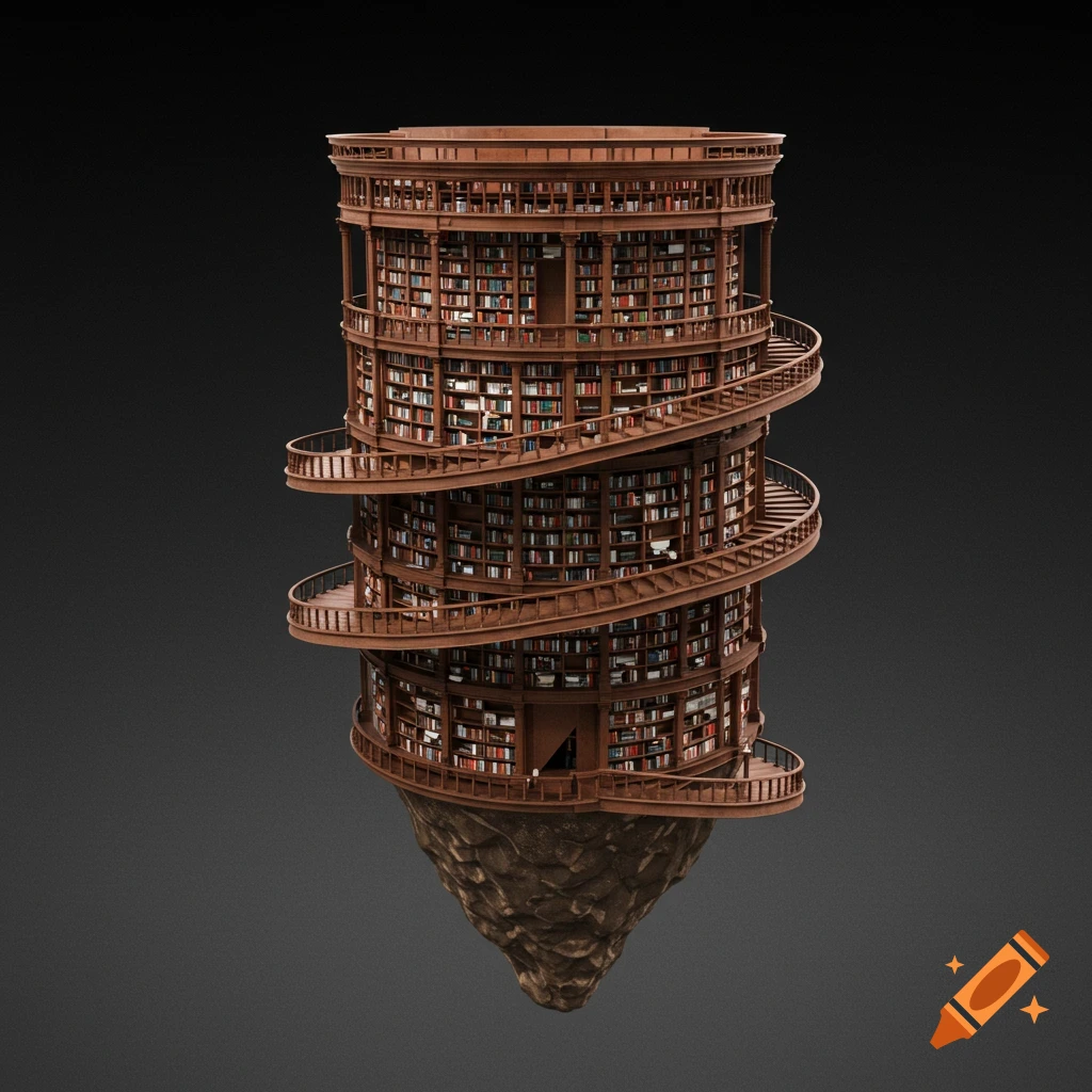 A 3D rendering of a circular library tower with spiral stairs floating on a rock.