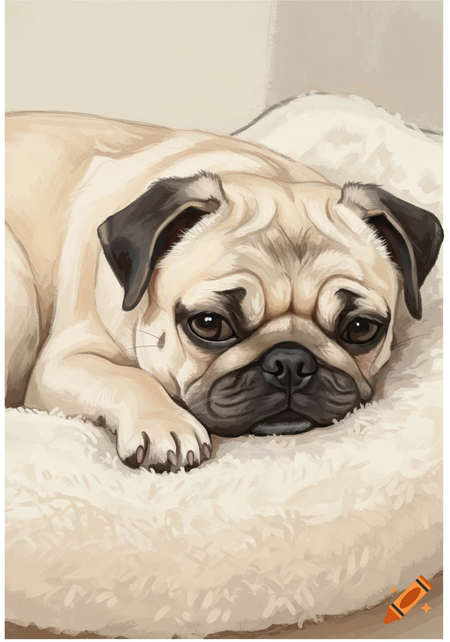 A sleepy pug lying on a fluffy bed