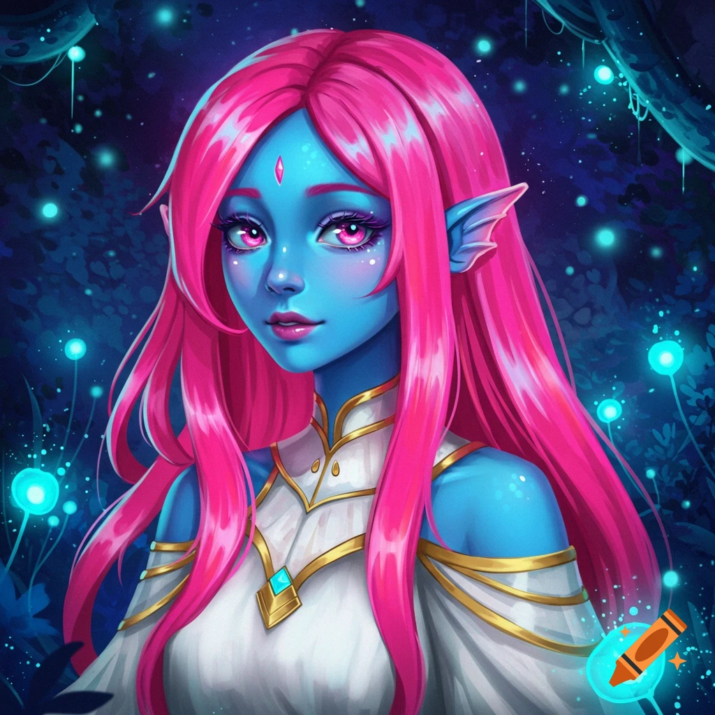 A blue-skinned fantasy character with pink hair stands in a glowing forest.