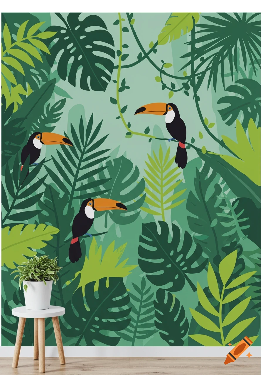Mural of three toucans in a jungle.