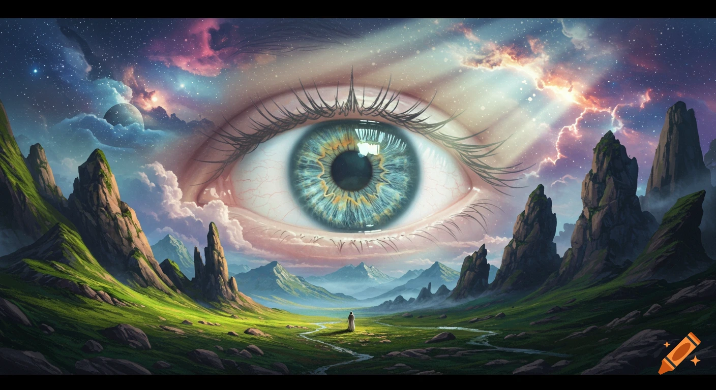 A surreal landscape with a giant eye in the sky over a valley with mountains and a figure.