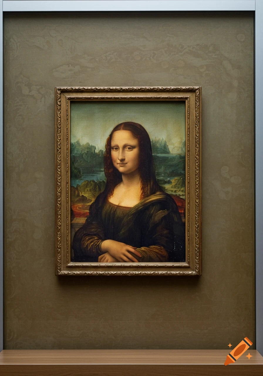 A photograph of Leonardo da Vinci's Mona Lisa painting, framed and displayed on a wall in a museum.
