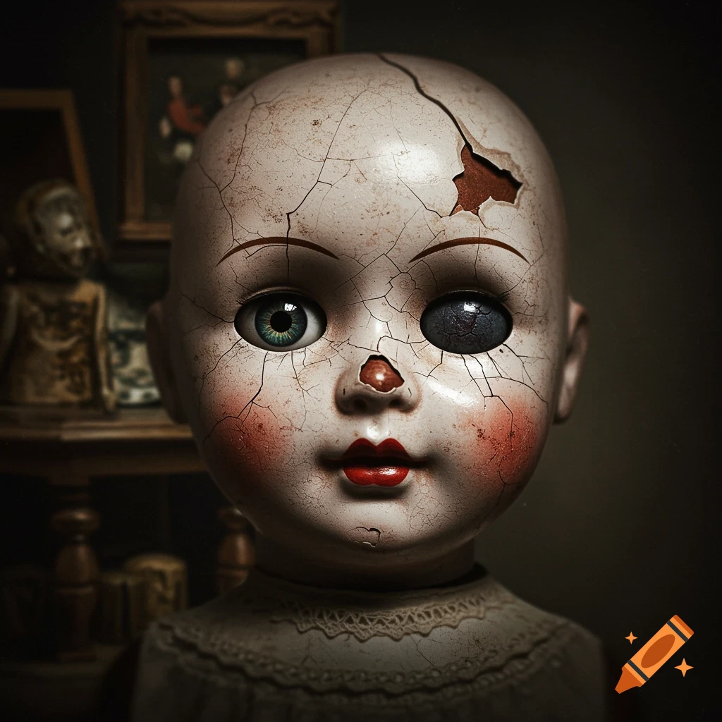 Close up of a damaged porcelain doll with cracked face and missing eye in a dark gothic style.