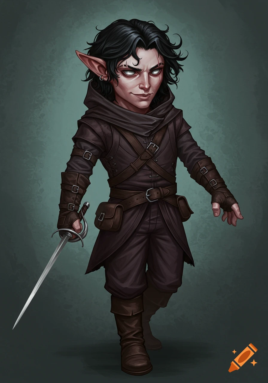 A fantasy character, a small figure with elf ears and dark hair, wearing leather armor and holding a rapier.