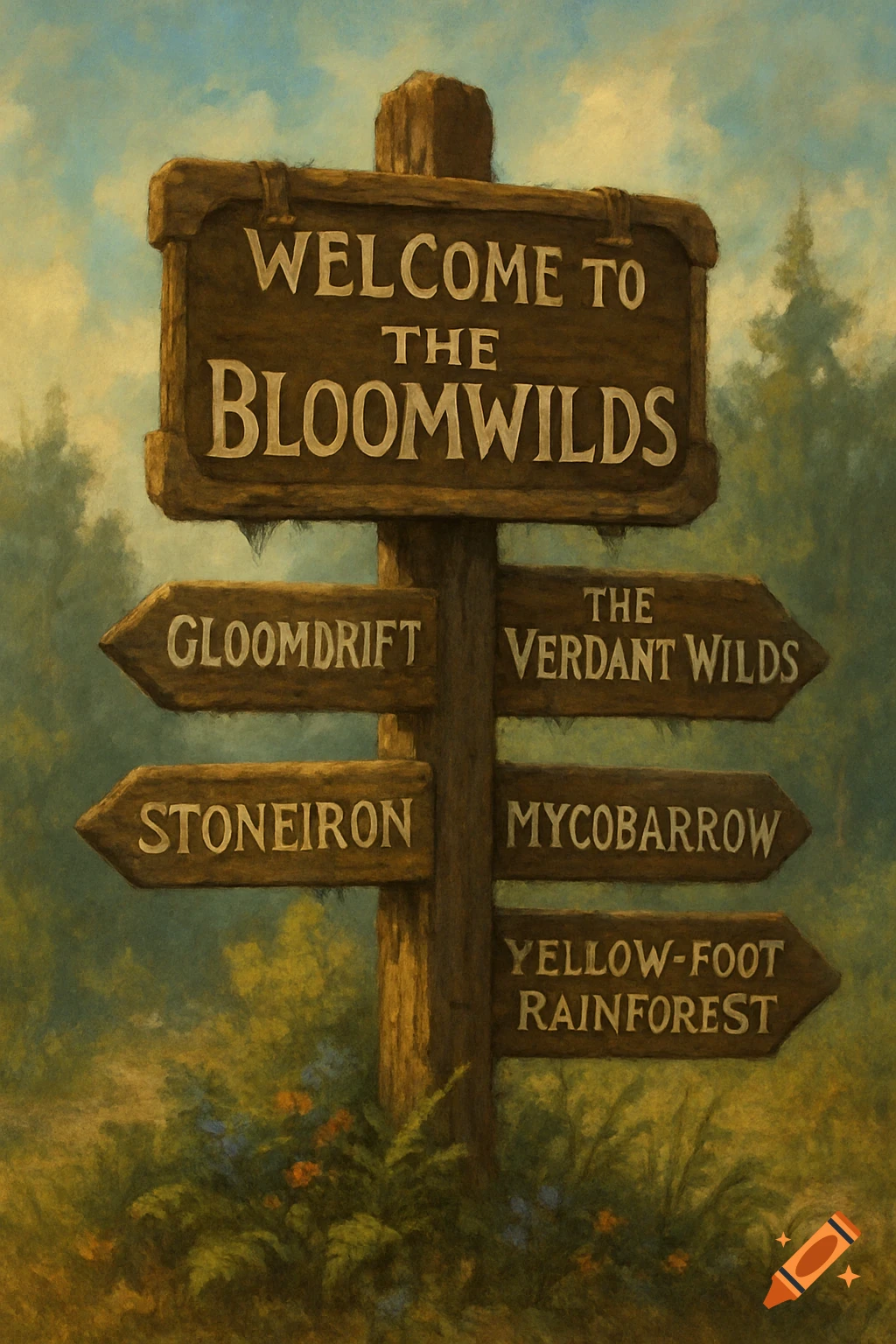 A rustic wooden signpost in a fantasy landscape, pointing to places like Bloomwilds, Gloomdrift, and Verdant Wilds.