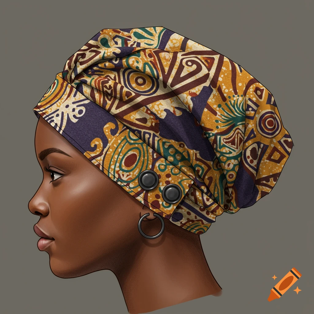 A woman is depicted in profile, wearing a colorful patterned head wrap.