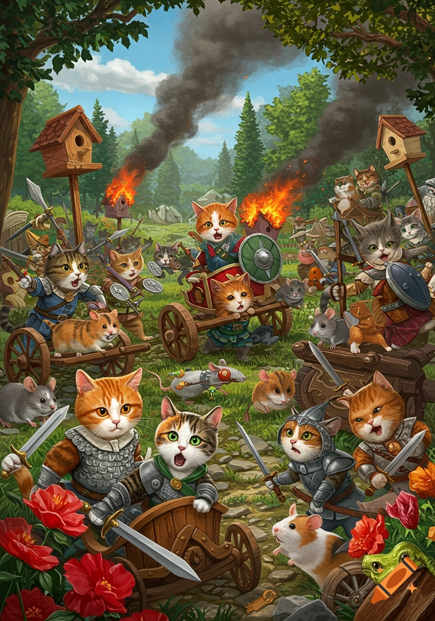 Cartoon cats in armor battle an army of mice and hamsters in a forest war scene.
