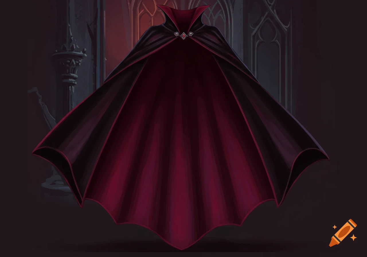 A black and red vampire cape is featured in a dark gothic setting.