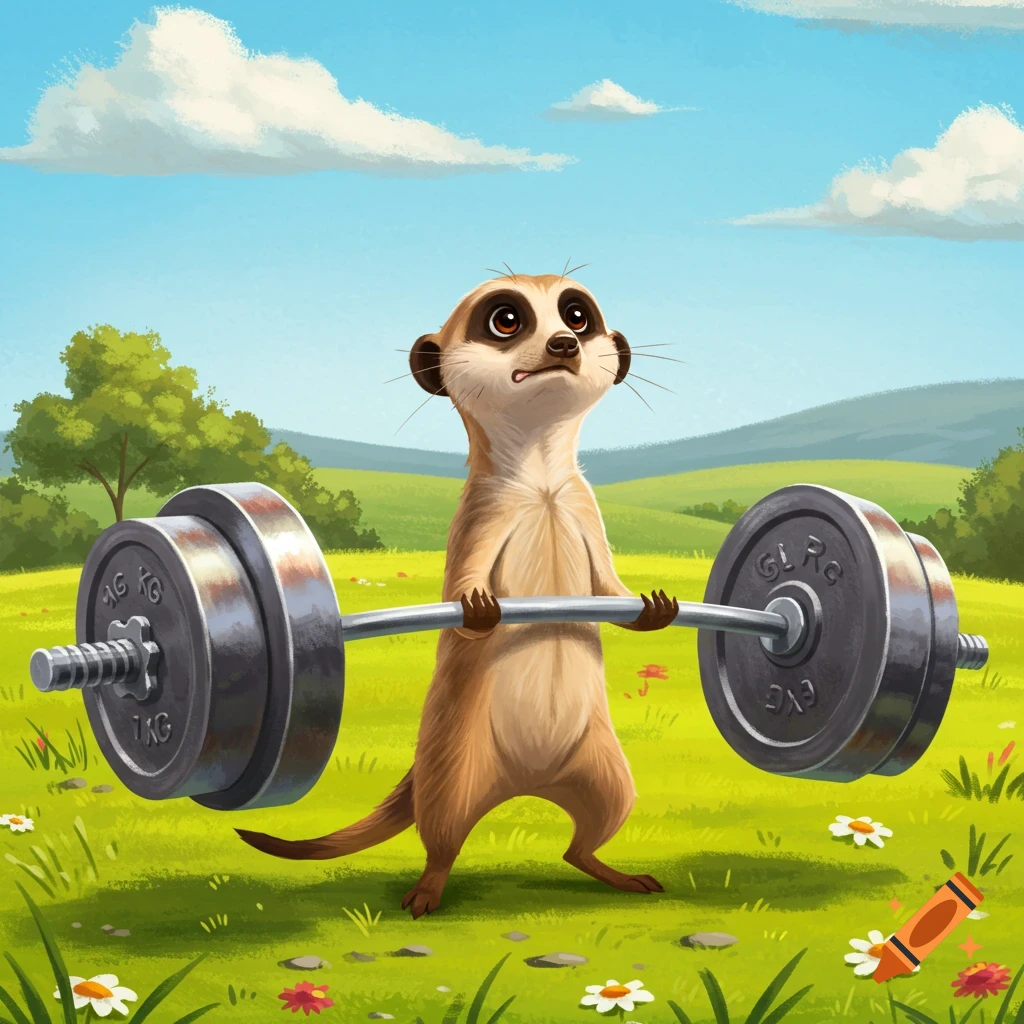 Cartoon illustration of a meerkat lifting a heavy barbell in a grassy field under a blue sky.