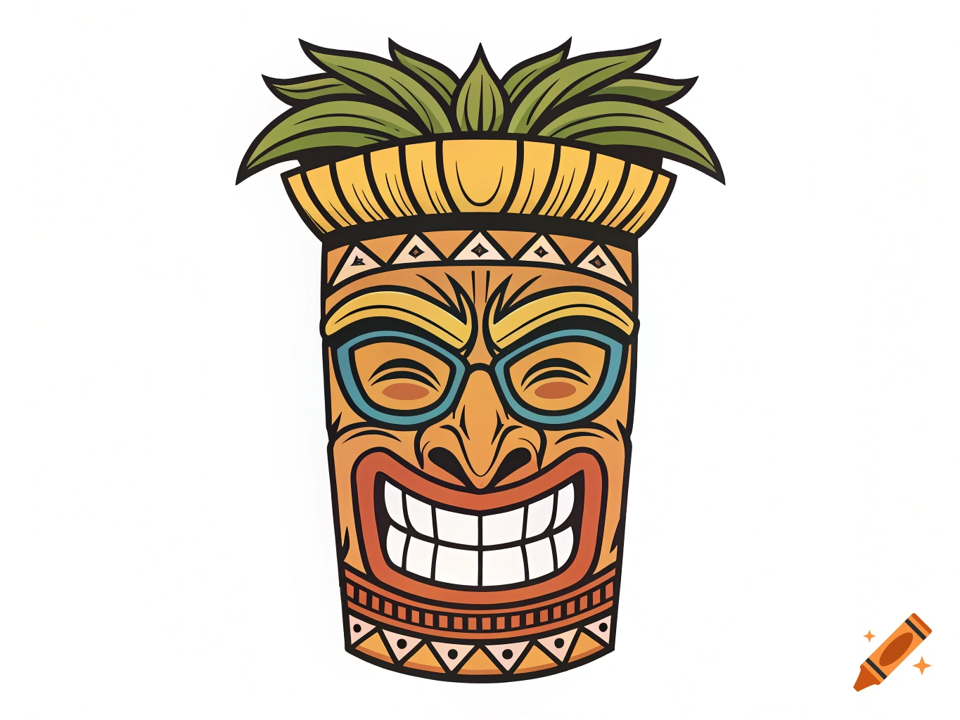 A vector graphic illustration of a tiki mask styled to resemble Donald Trump with sunglasses and a wide smile.