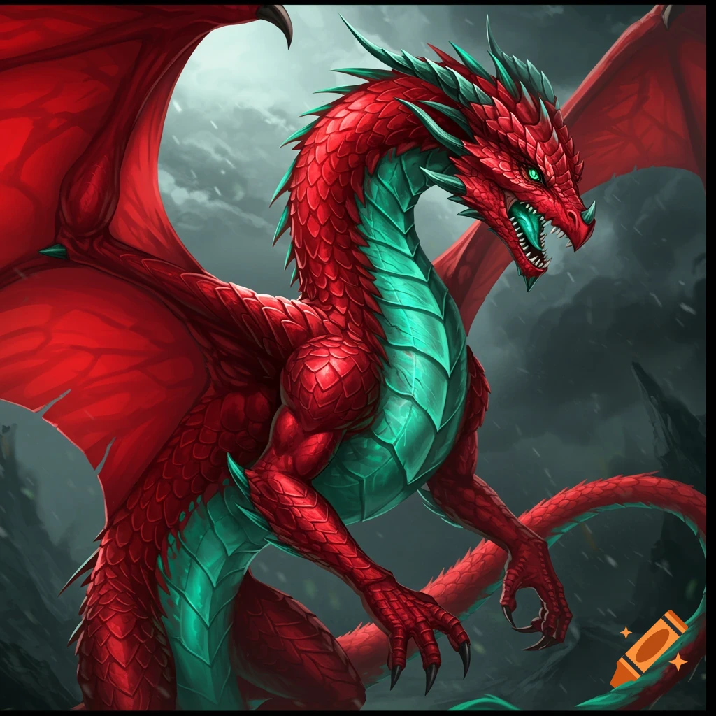 A red dragon with teal accents.