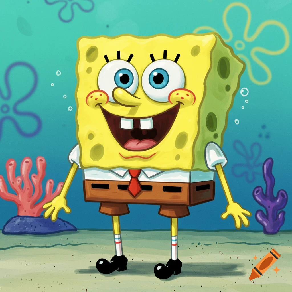 SpongeBob SquarePants standing on the ocean floor smiling, in a cartoon style.