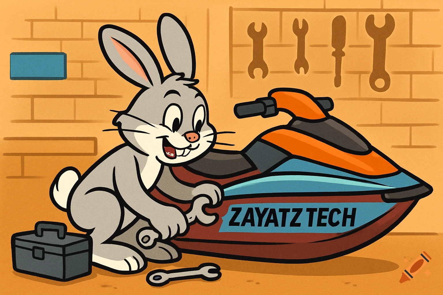 Cartoon rabbit fixing a jet ski in a workshop