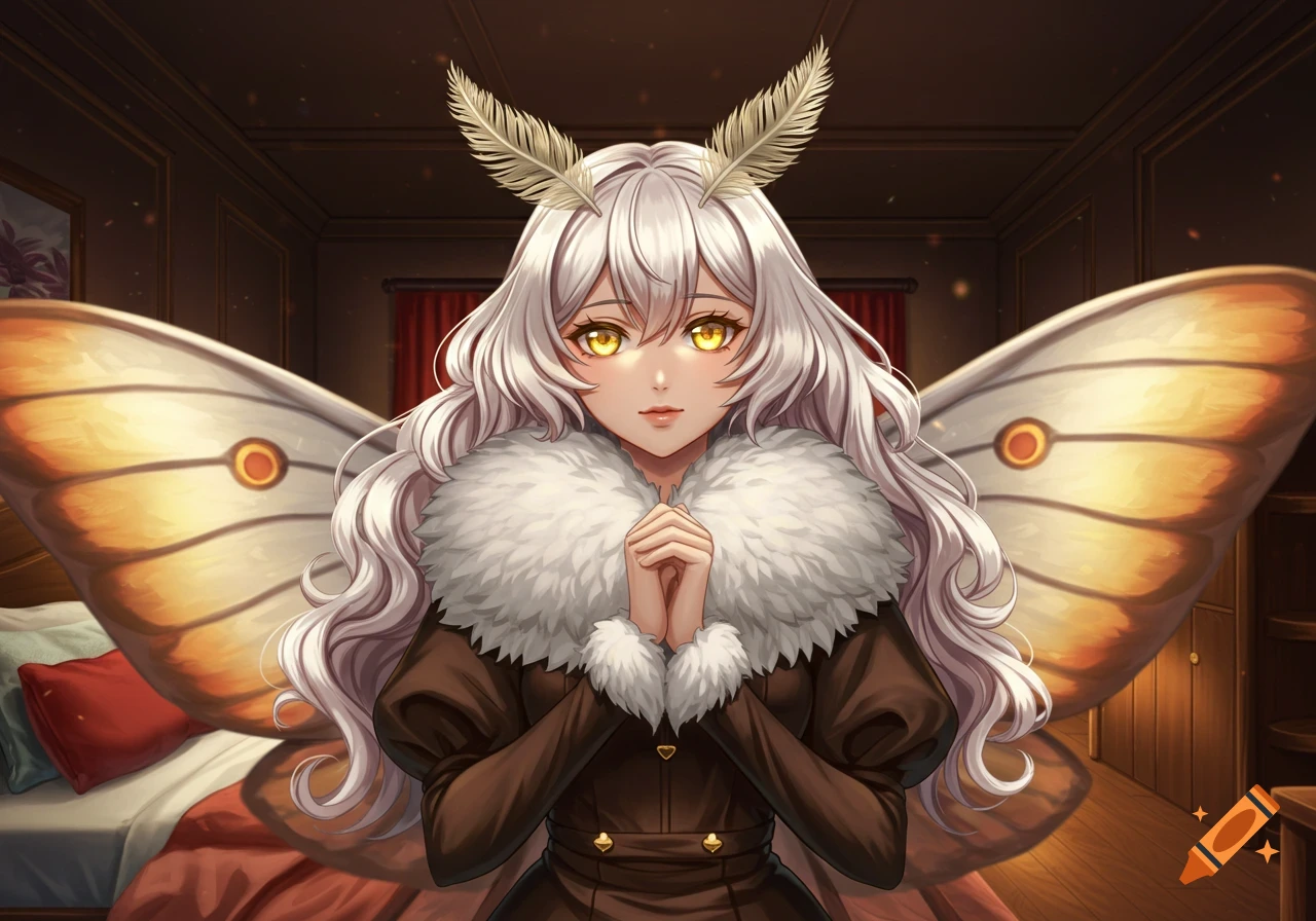 Anime style portrait of a woman with white hair, golden eyes, moth antennae, moth wings, and a fluffy collar, with hands clasped, in a bedroom.
