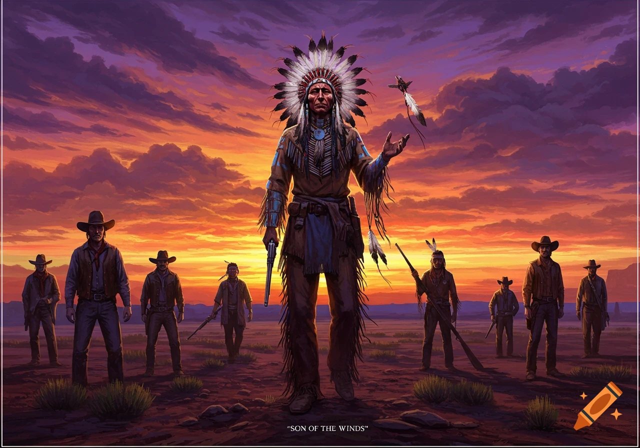 A Native American chief and cowboys in a Western landscape at sunset.