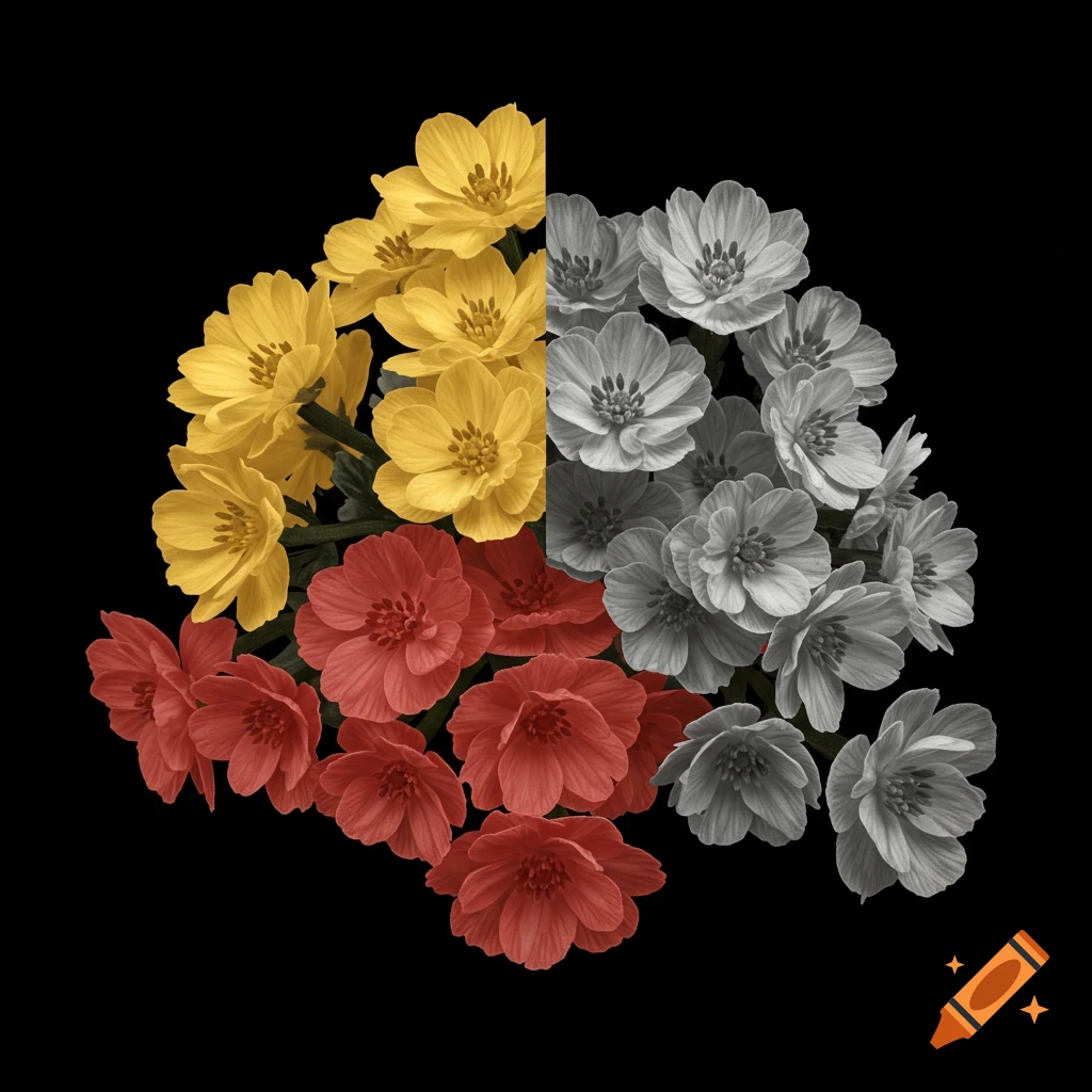A striking image of flowers, divided with one side in vibrant color and the other in stark black and white, set against a dark background.
