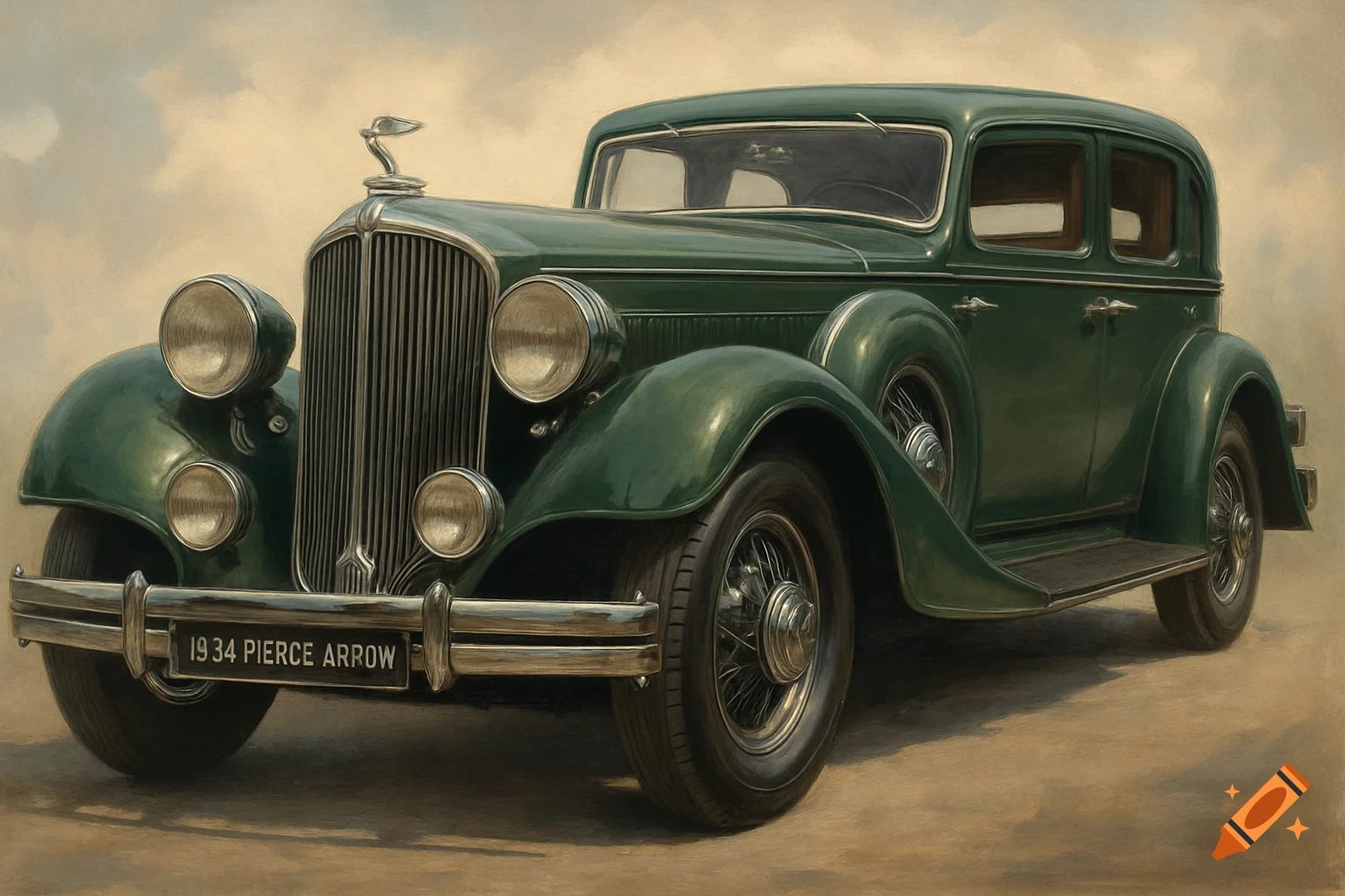 A green 1934 Pierce-Arrow vintage car.