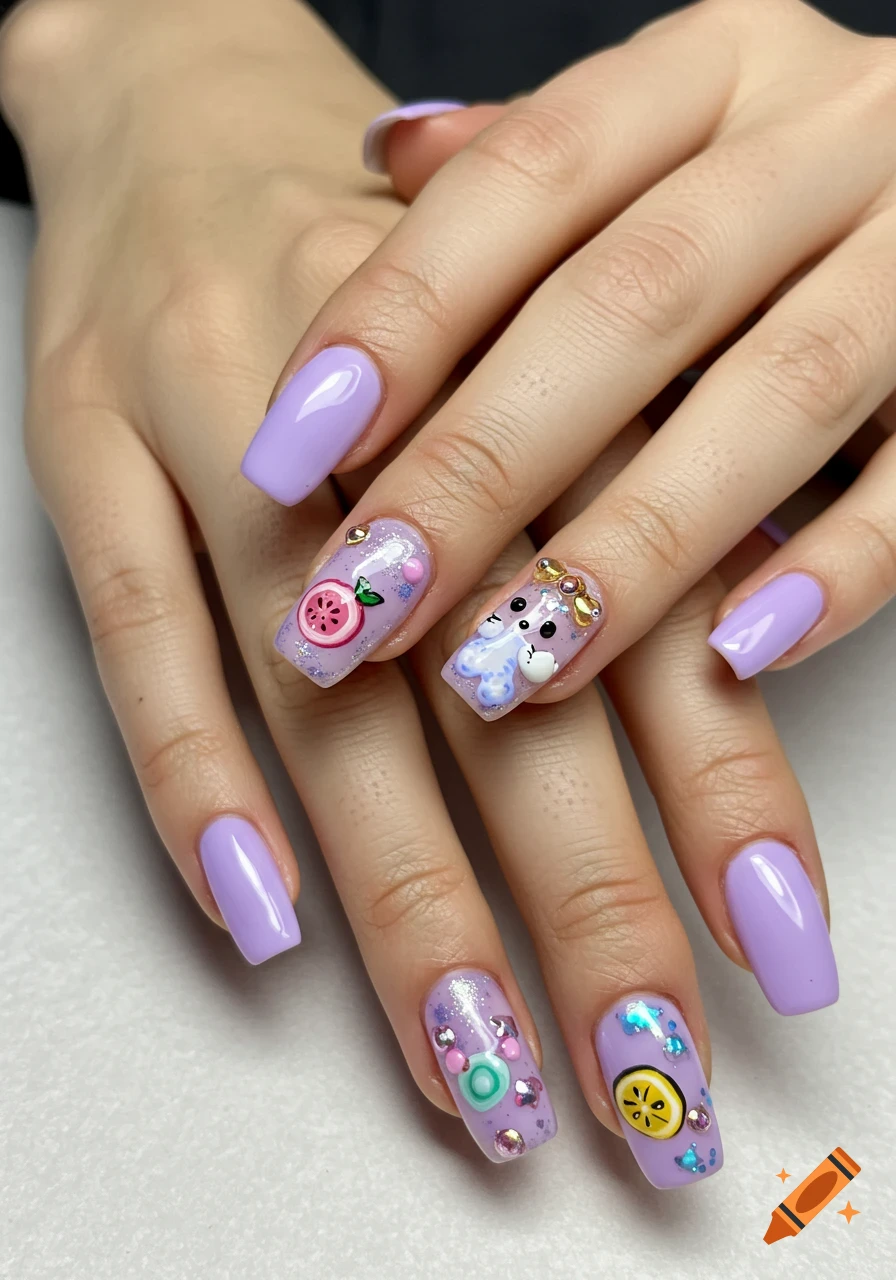 Close-up of hands with purple nail polish and cute fruit and bear nail art.