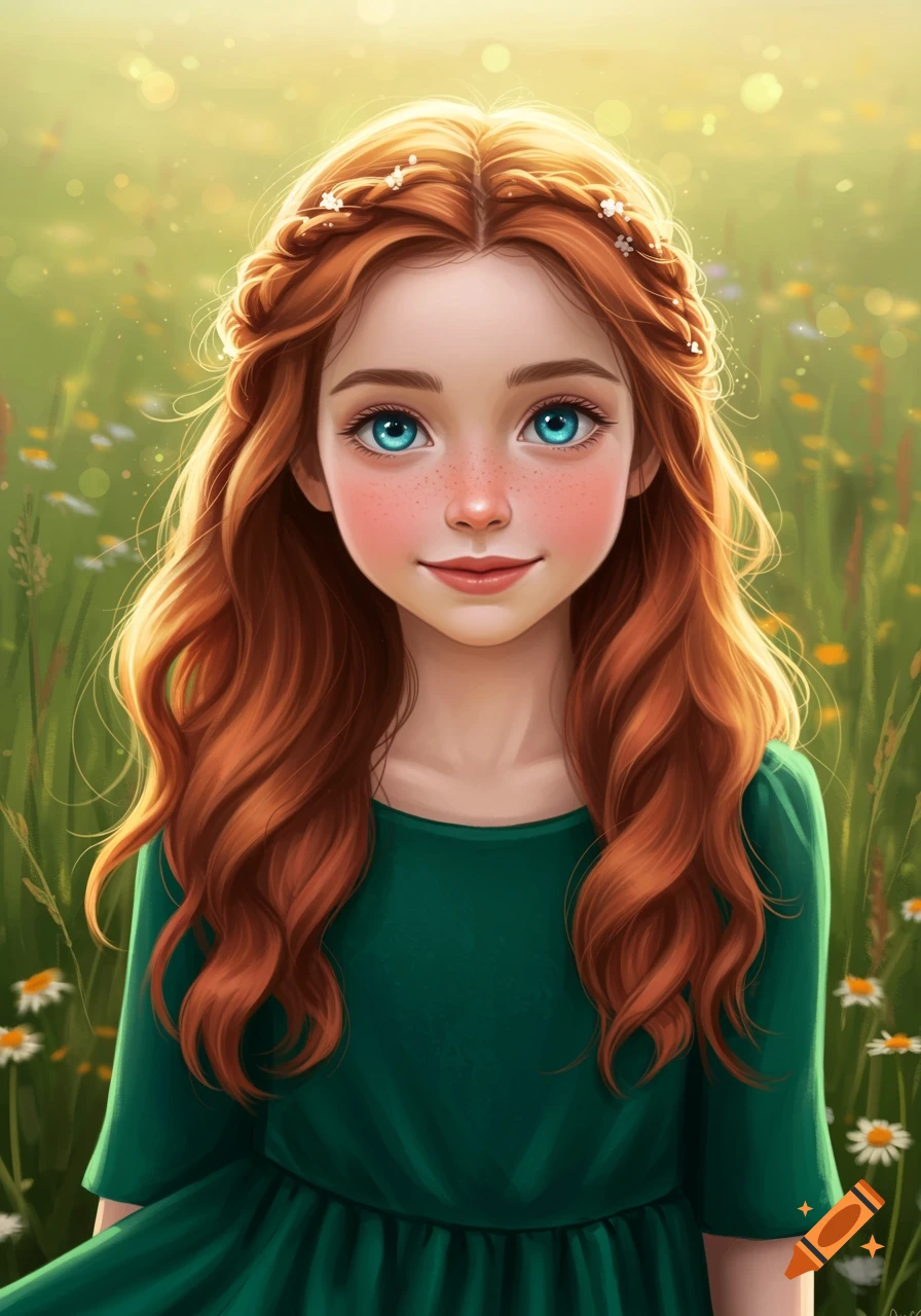A young girl with red hair and blue eyes in a green dress stands in a sunlit meadow.