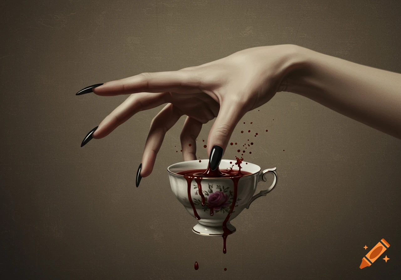 A hand with long dark nails dipping a finger into a teacup filled with blood, with drips and splashes.