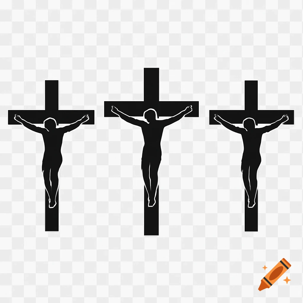 Three black silhouettes of figures on crosses.