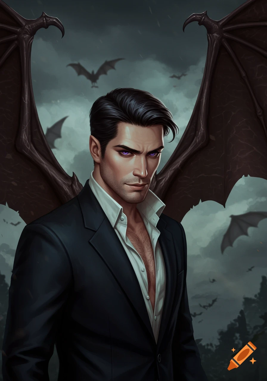 A man with bat wings, violet eyes, and a suit, with bats in the background.