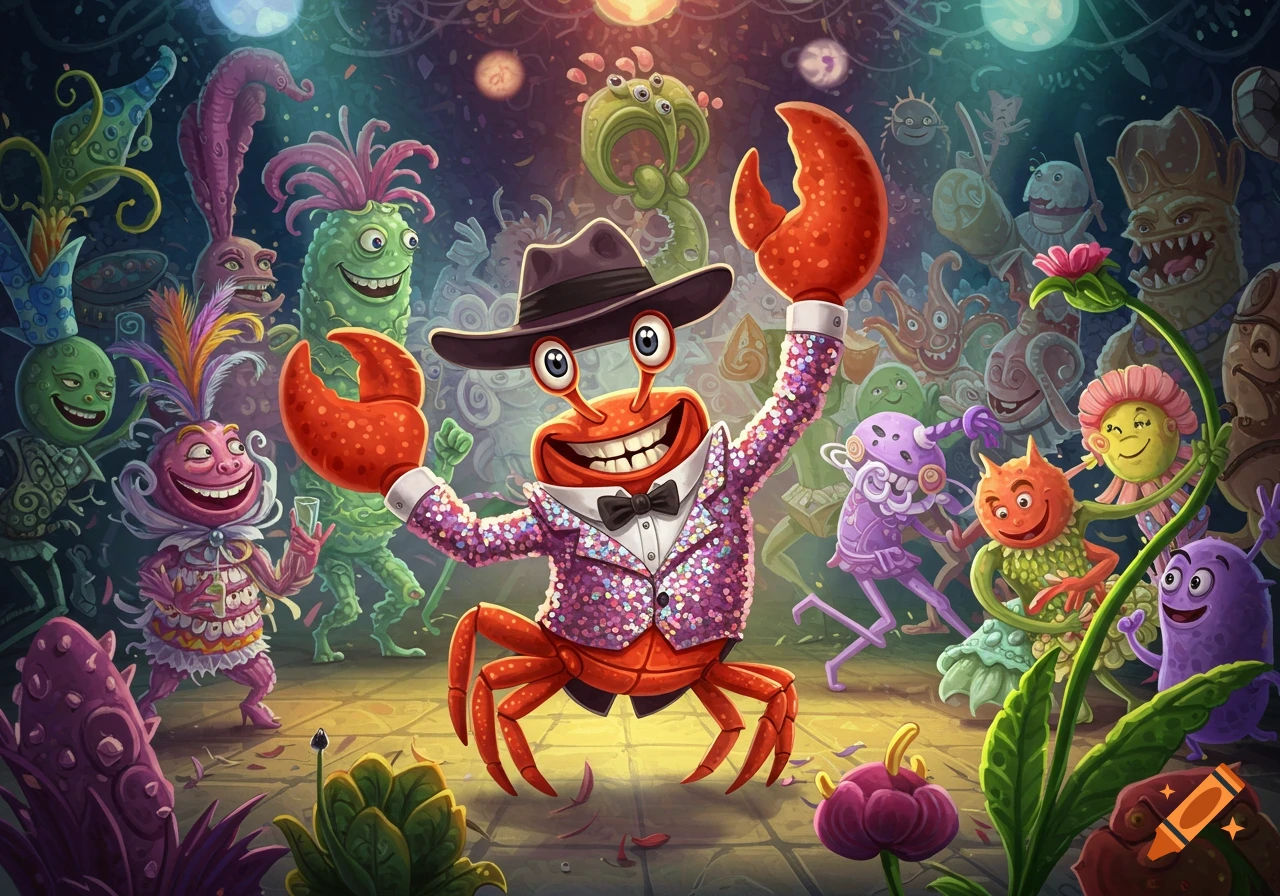 Cartoon crab in a sparkly suit dances at a party with fantasy creatures.