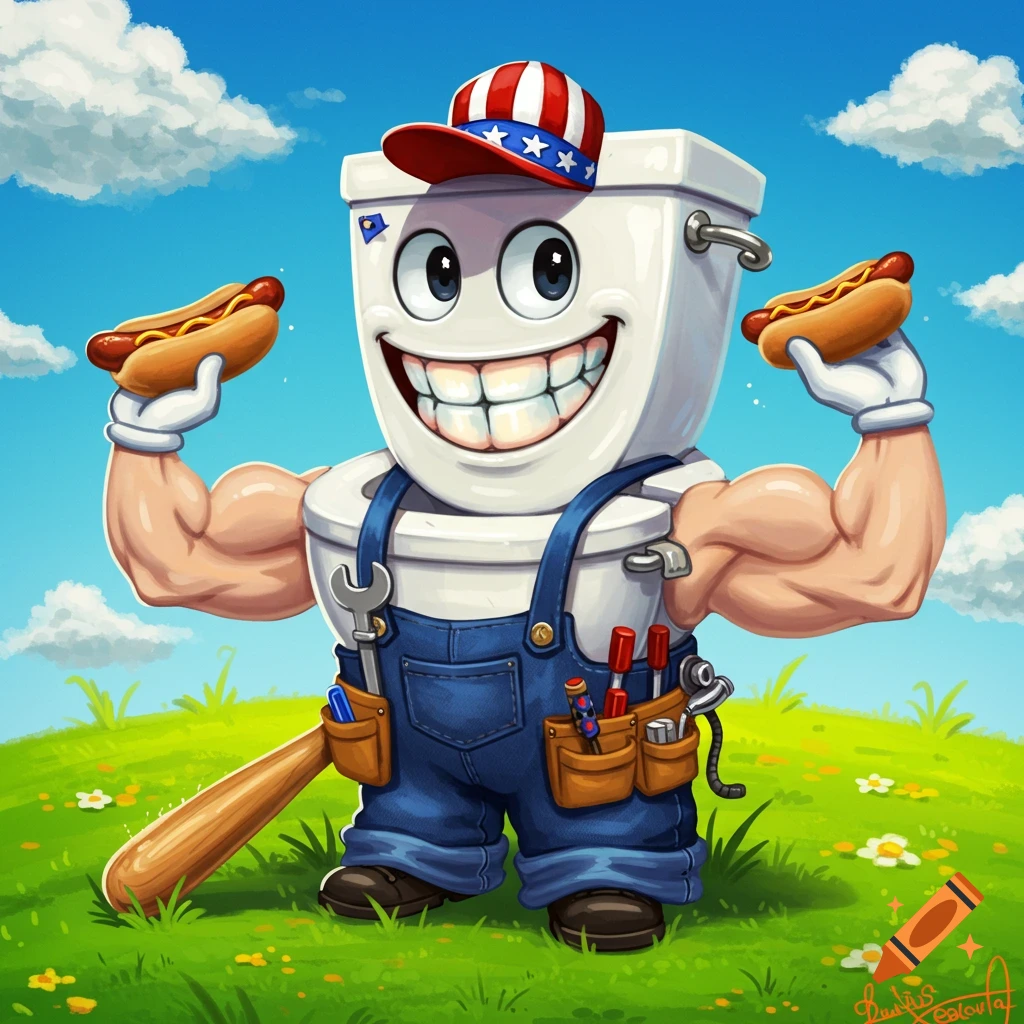 Cartoon toilet character with muscles, American hat, holding hot dogs in a field