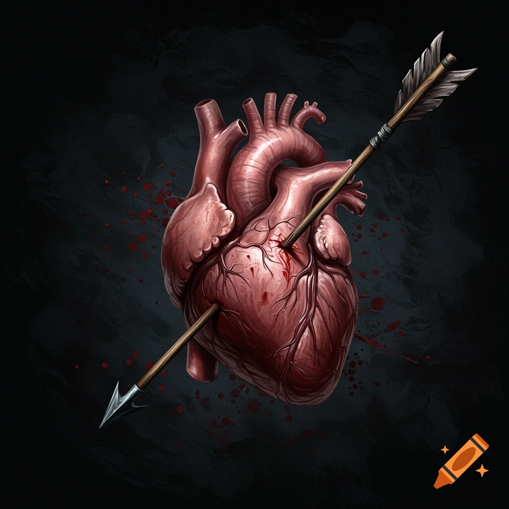 A human heart pierced by an arrow with blood splatters in a dark, gothic style.