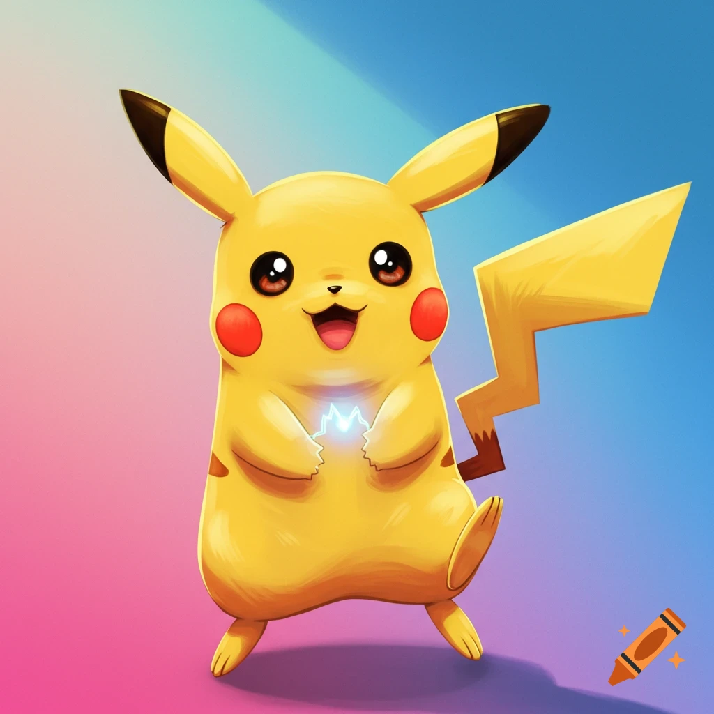 A cute illustration of Pikachu standing with glowing paws on a pink and blue gradient background.