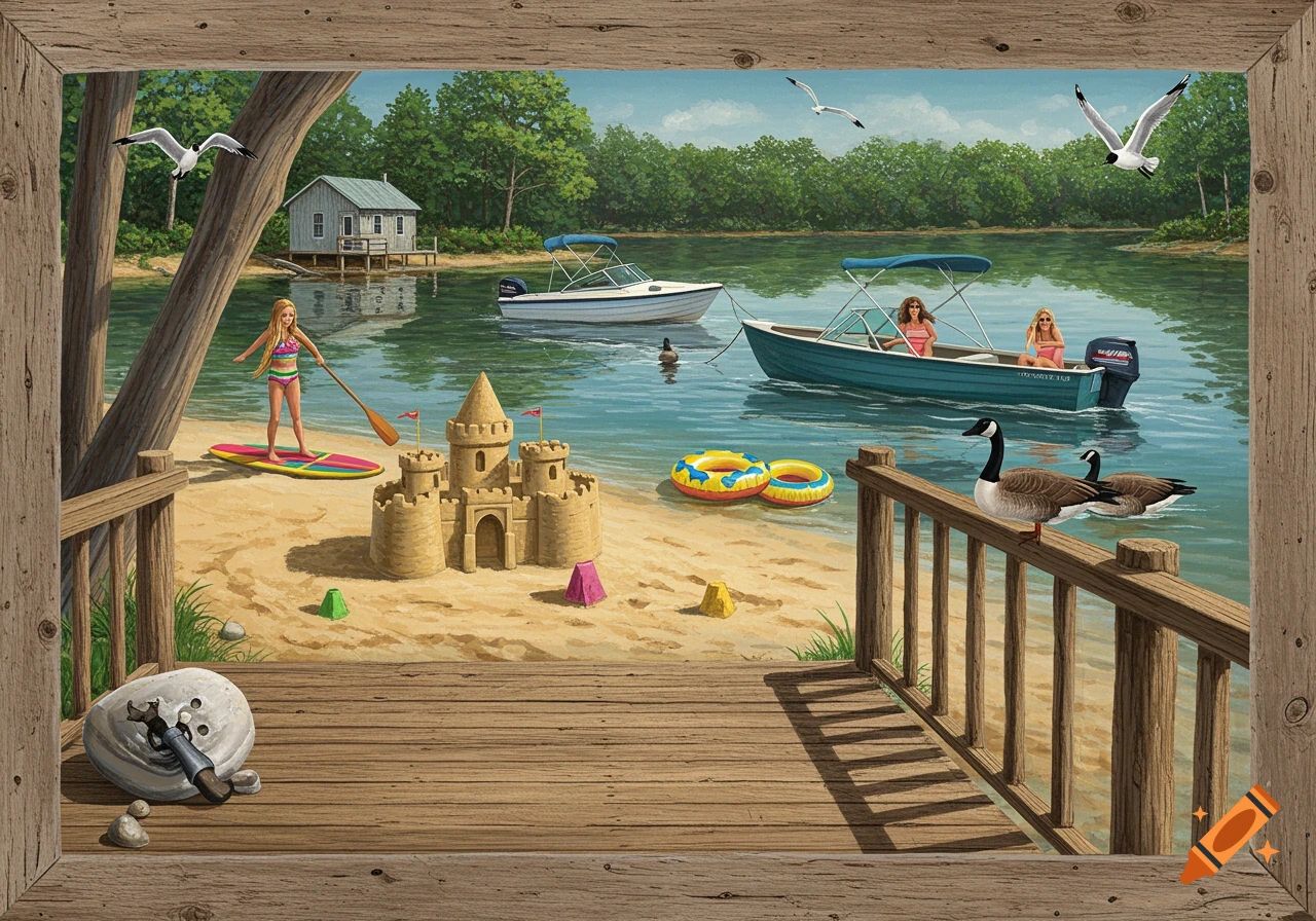 A lake scene from a deck, with a sandcastle, people, boats, and birds on the beach and water.