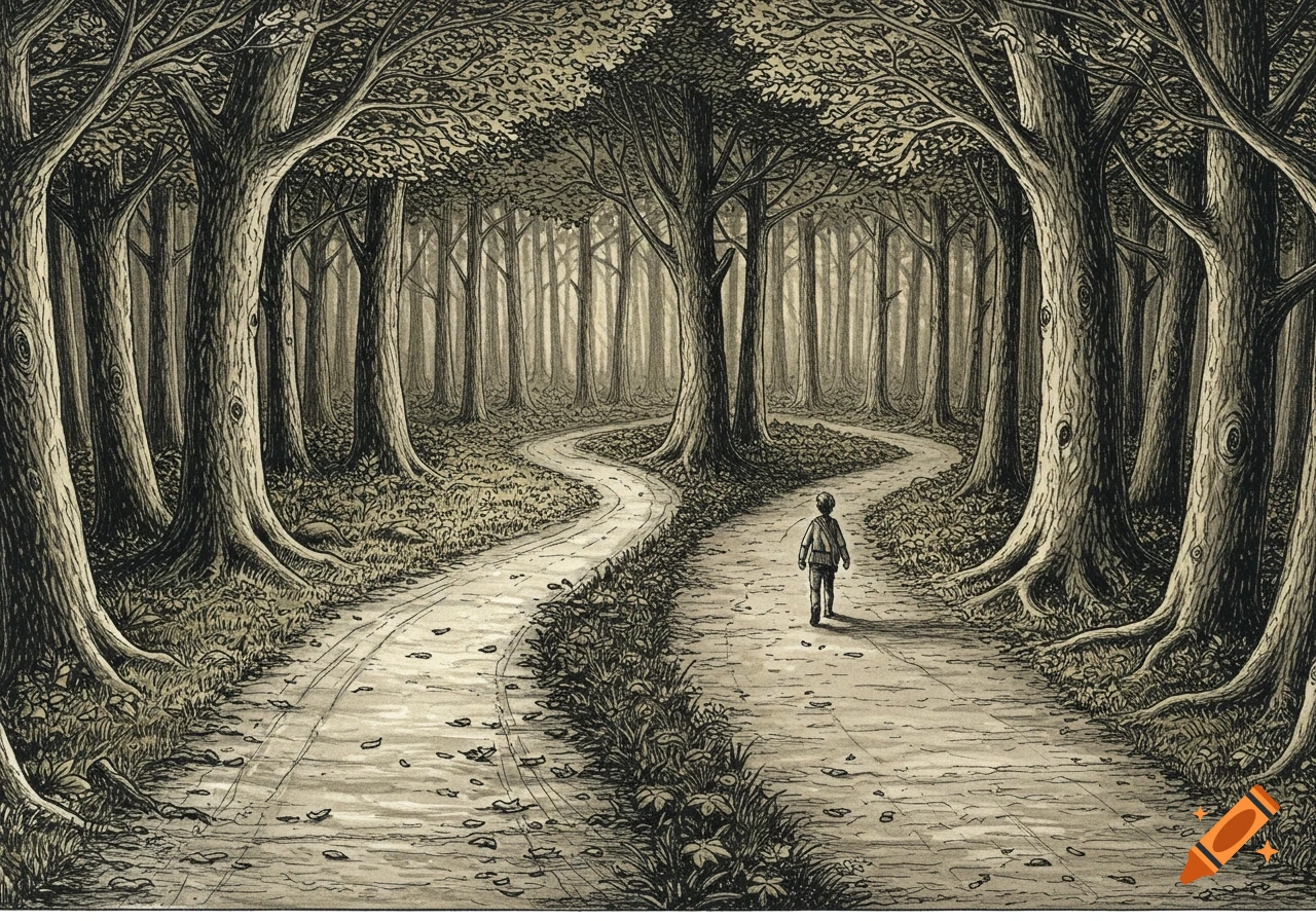 A lone figure stands at a fork in a winding forest path, illustration style.