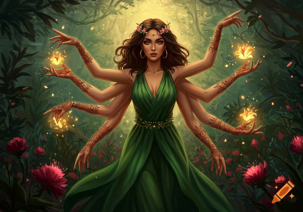 A mystical woman with multiple arms holds glowing flowers in a lush forest.