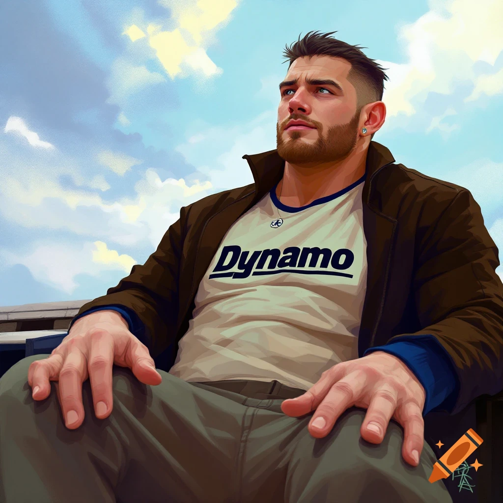 A man in a Dynamo shirt gazes up at a cloudy sky.