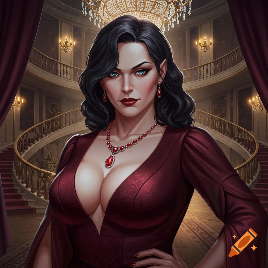 A woman in a red dress with cleavage stands in a grand room with a staircase and chandelier.