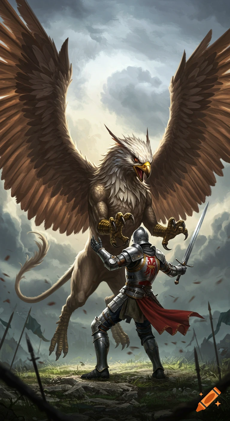 A knight fighting a griffin in a battle.