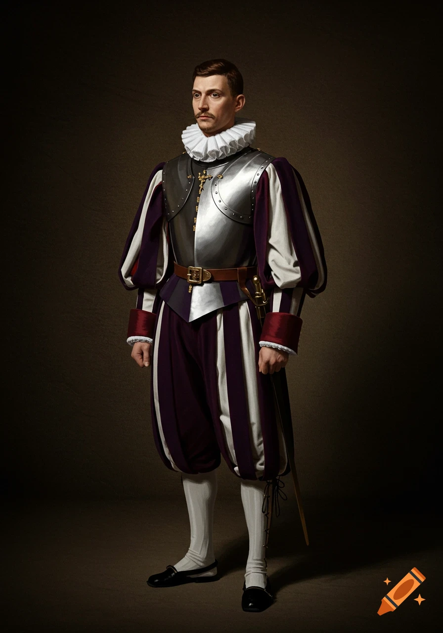 Full-body portrait of a man in historical purple and white Swiss Guard uniform and armor, in Rembrandt style.