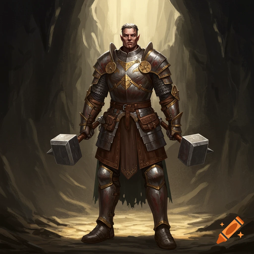 A fantasy warrior in full armor stands holding two large war hammers in a cave setting.
