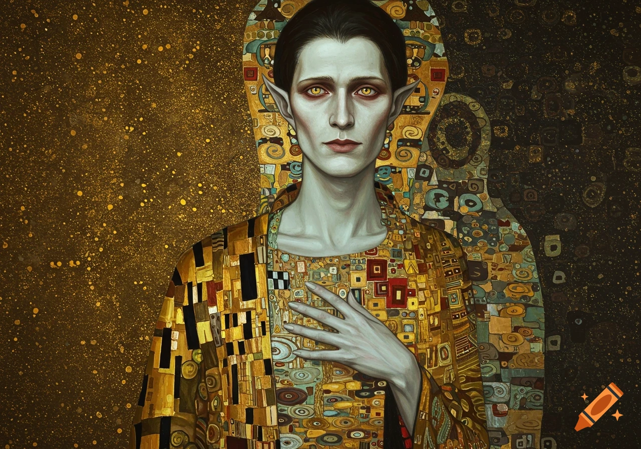 Klimt-style portrait of a person with pointed ears and intense eyes wearing a golden patterned robe