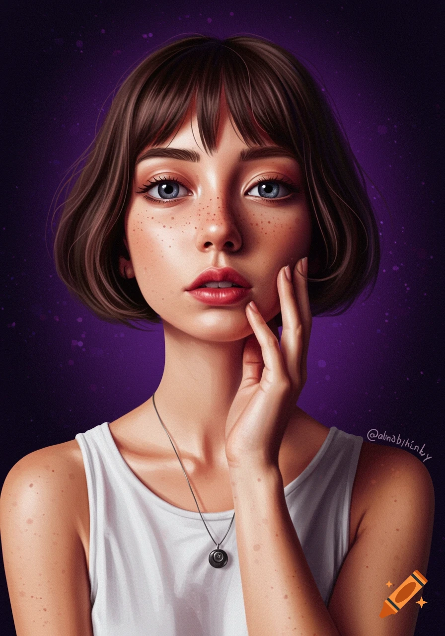 A portrait of a young woman with short brown hair, blue eyes, and freckles, wearing a white tank top, against a purple background.