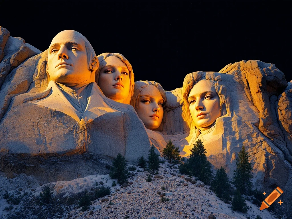 Four celebrity faces carved into Mount Rushmore at sunset
