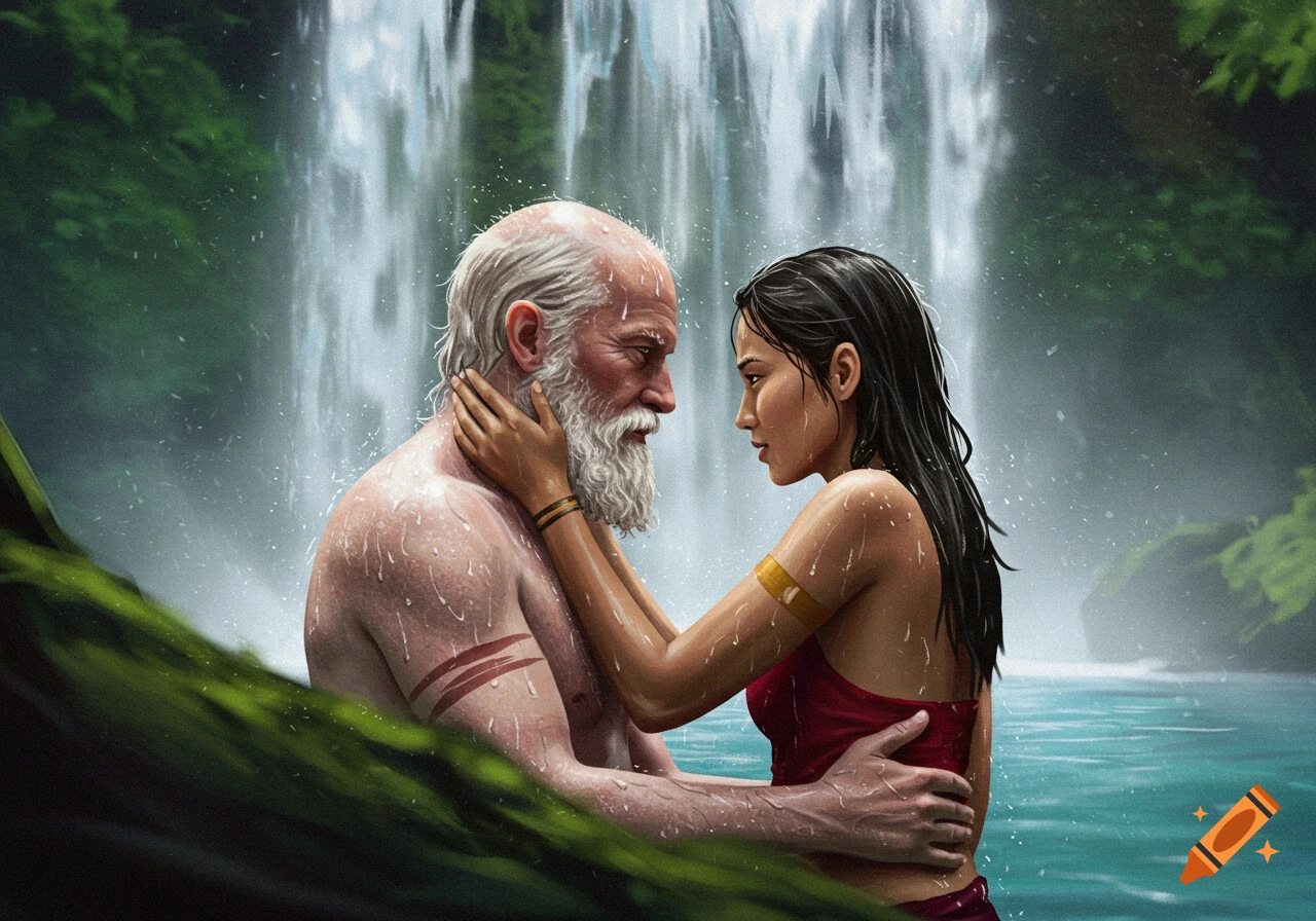 A man and woman embrace under a waterfall, gazing into each other's eyes.